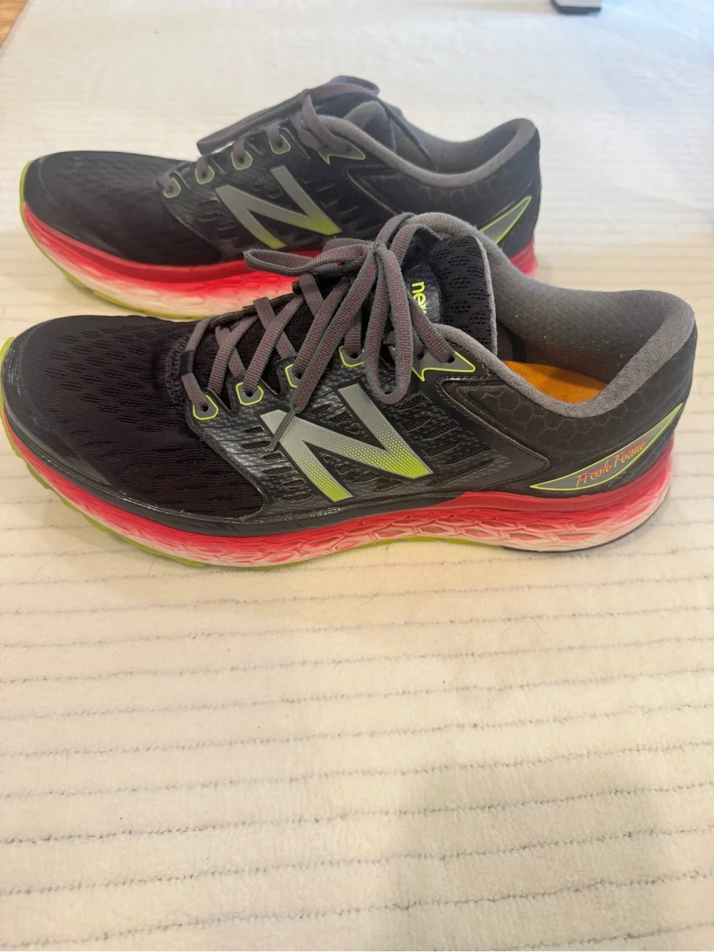 New Balance Men's Black Running Shoes with Red and Neon Green Accents 10.5